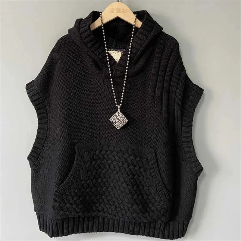 Autumn Winter Sleeveless Age Reduction Ladies knitted Sweater Vest Jacket Hooded Leisure Solid Color Womens Waistcoat Top 260306