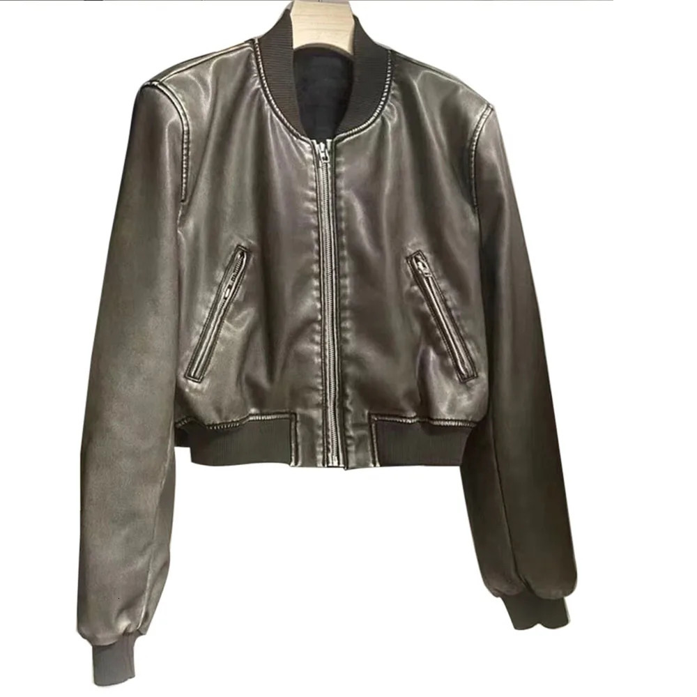 Autumn and winter leather solid color short coat retro style short zipper cardigan casual all match leather jacket female 260306
