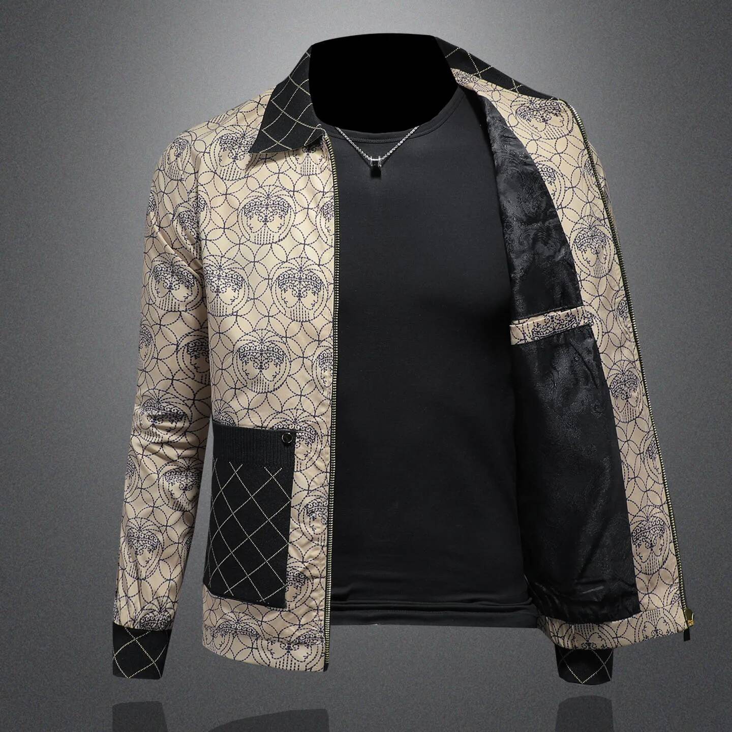 High Quality Printed for Men Autumn Winter Luxury Casual Business Lapel Jacket Social Streetwear Windbreaker Coat 5XL