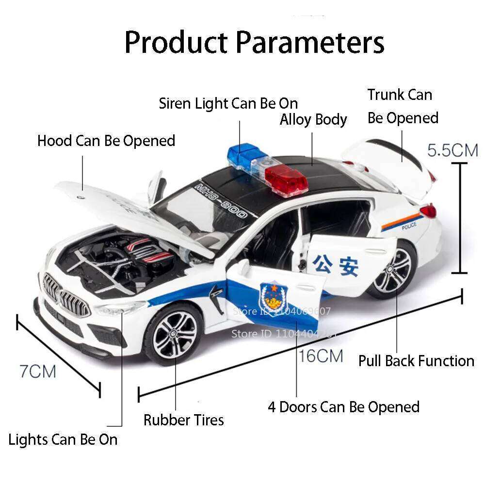 1:32 M8 M4 Alloy Police Car Diecast Model Toys 6 Doors Opened Sound Light Pull Back Miniature Vehices Favorite Collecting Models Z260306