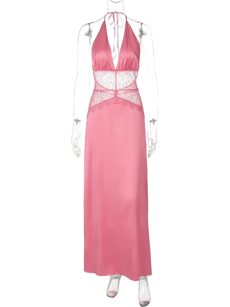 Tossy VNeck Lace Patchwork Long Dress For Women SeeThrough Backless LaceUp High Waist Party Female Bandage Maxi 260306