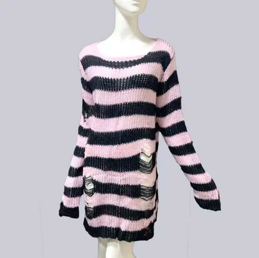 Punk Gothic Long Unisex Sweater Summer Women Striped Cool Hollow Out Hole Broken Jumper Loose Rock Thin Dark Streetwear Top 260306