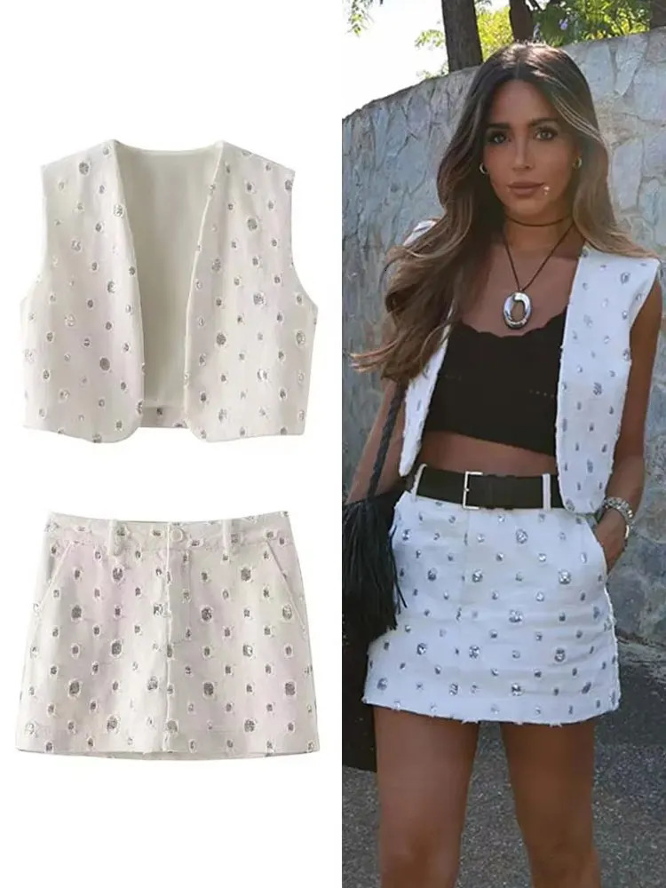 Elegant Sequin Skirt Sets For Women 2 Pieces Shinny Sleeveless Vest Women Suits Summer Fashion Zipped Skirts Set 260304