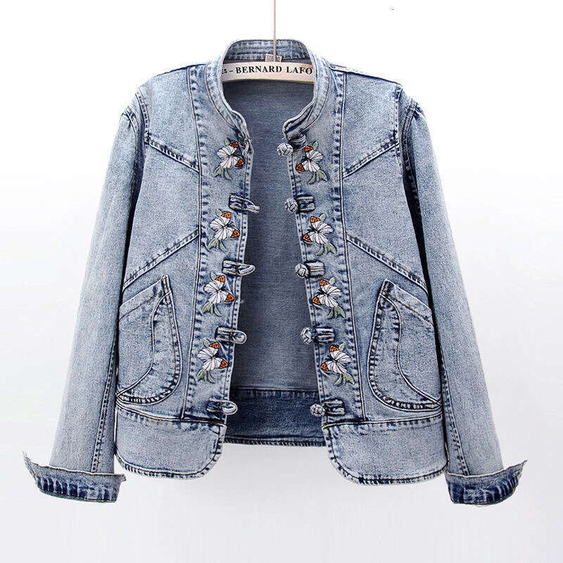 Mardi Hefxessdr 2023 Autumn New Chinese Style Embroidered Stretch Denim Women, Loose Vintage Trendy Short Jacket Top for Women