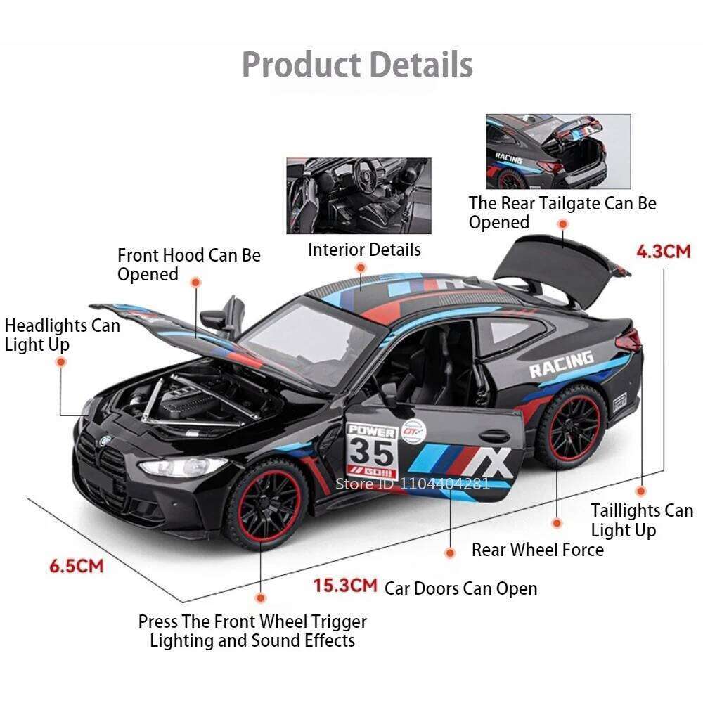 1:32 Scale M4 GTR Alloy Sports Car Model Diecast Toys Doors Opened Sound Light Pull Back Miniature Toy Popular Gift for Children Z260307