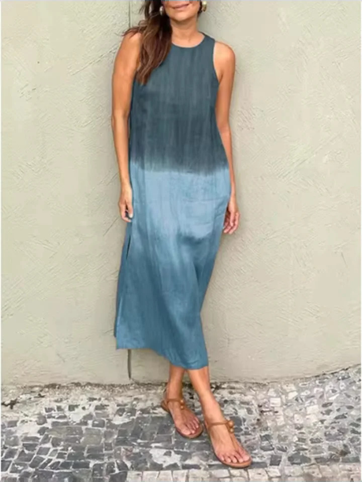 Elegant Gradient Dress Womens o Neck Sleeveless Dress Fashion Loose Vacation Dresses 260306