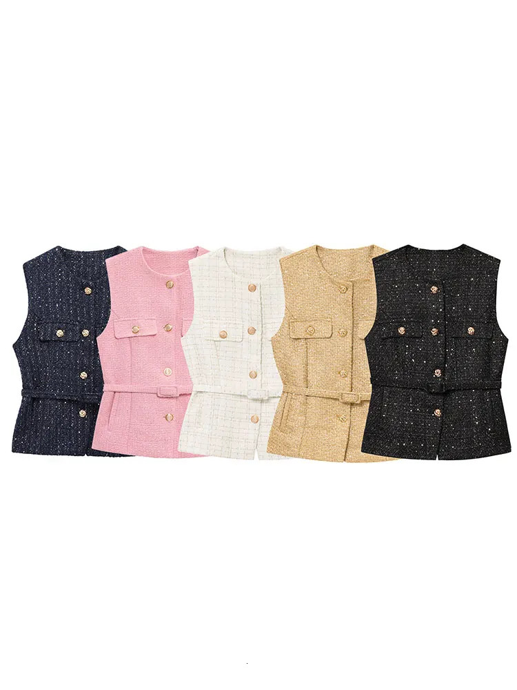HH Women Elegant Solid Belt Vests Tops O Neck Metal Button Sleeveless Waistcoat Office Lady Outerwear Casual Blazer 260306