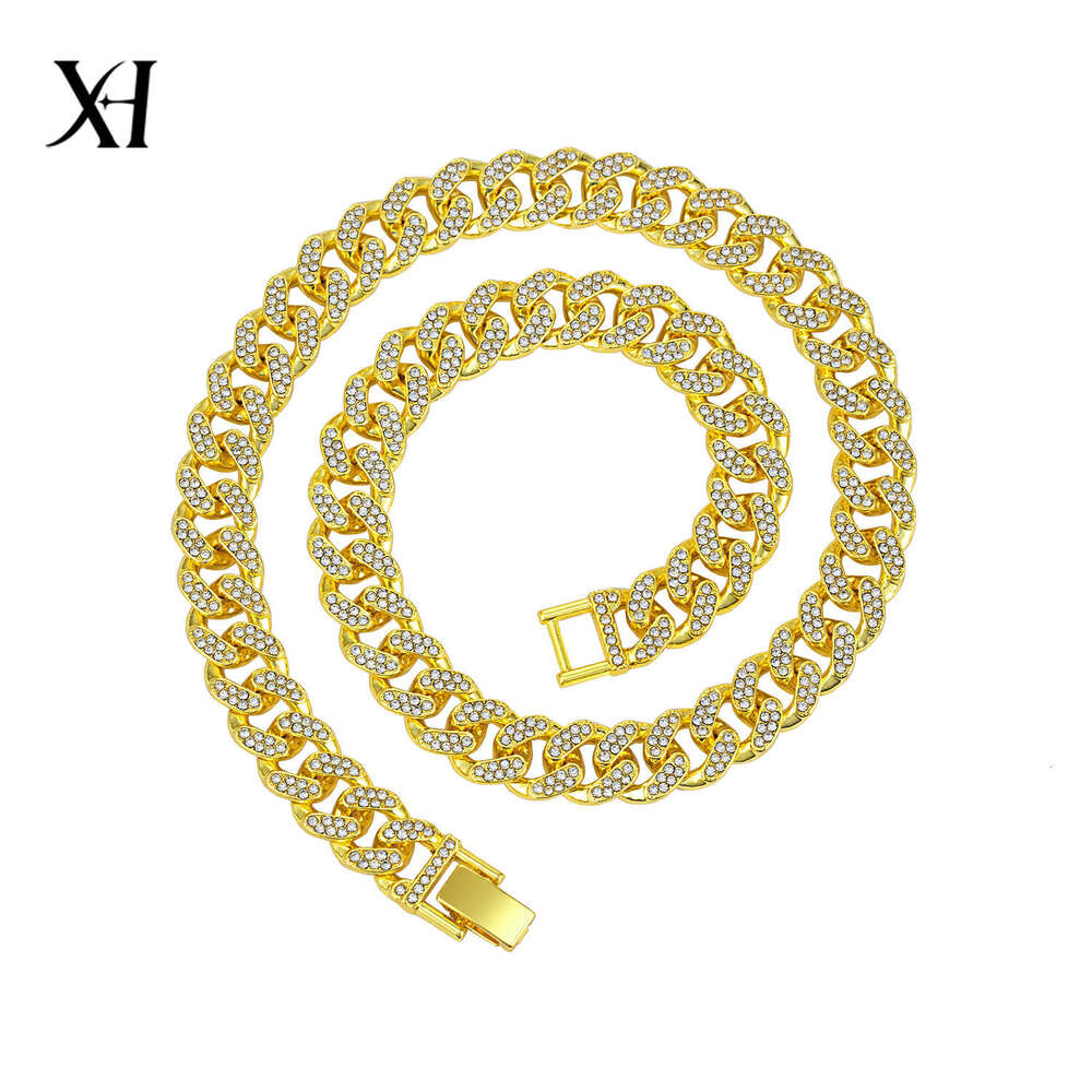 13mm Watch Buckle Full Diamond Cuban Necklace Rhinestones High-Quality Electroplating Cross-Border Men and Women Hip-Hop Jewelry Wholesale
