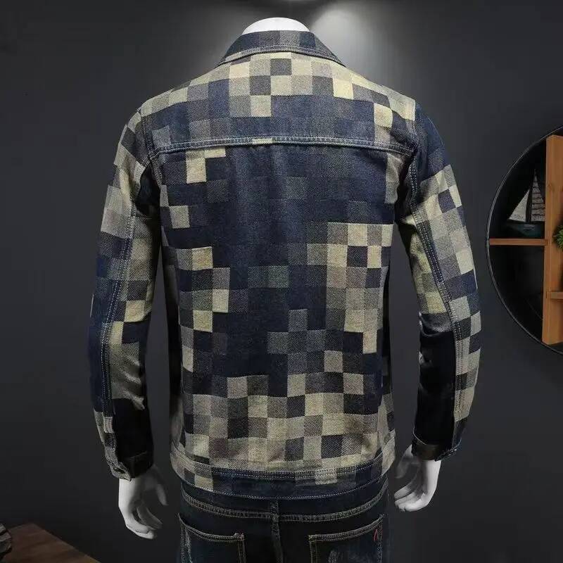 2025 New Printed Distressed Vintage Denim Jacket Men's Fashion plaid Lapel Coat Male Button Jeans Jackets