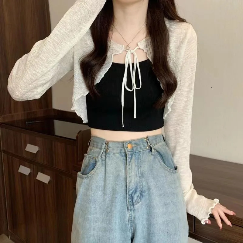 Summer Women Thin Sunscreen Cardigan Laceup Knitwear Tops Female Korean Style Lantern Sleeve Short Coat Casual Sun Protected 260306