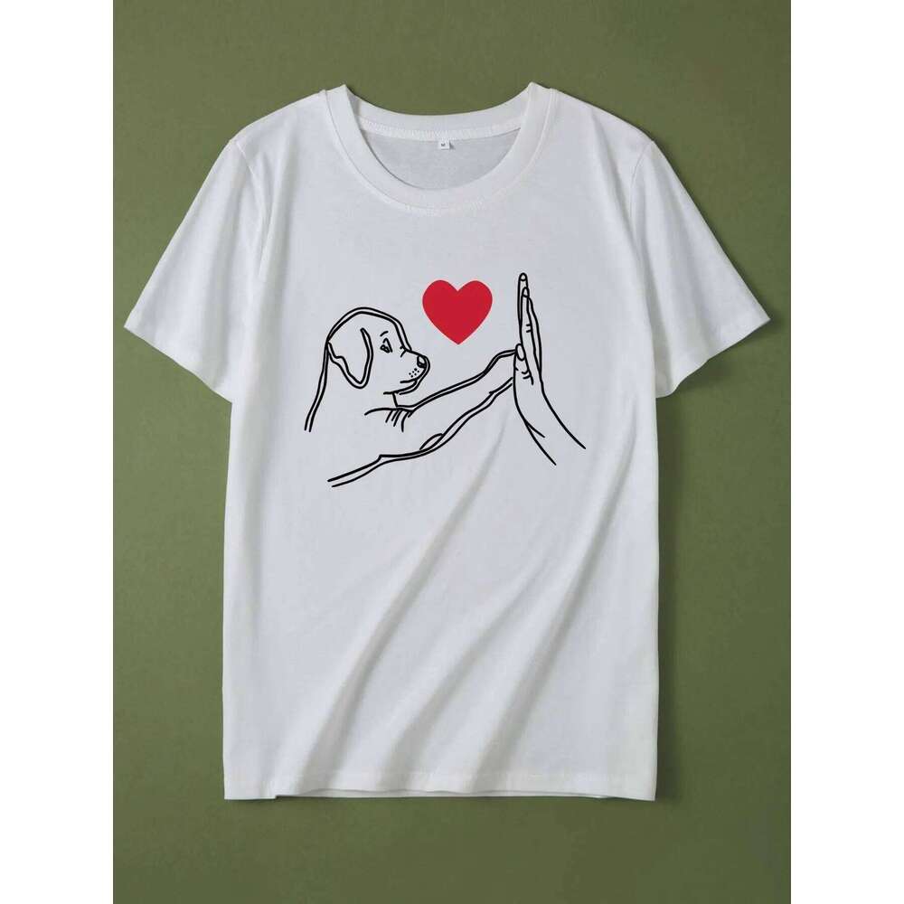 Cute Puppy High-Five Heart Graphic Print Harajuku Short Sleeve Casual Women's T-shirt Clothing Street Tops Tees XJ260306 XJ260306