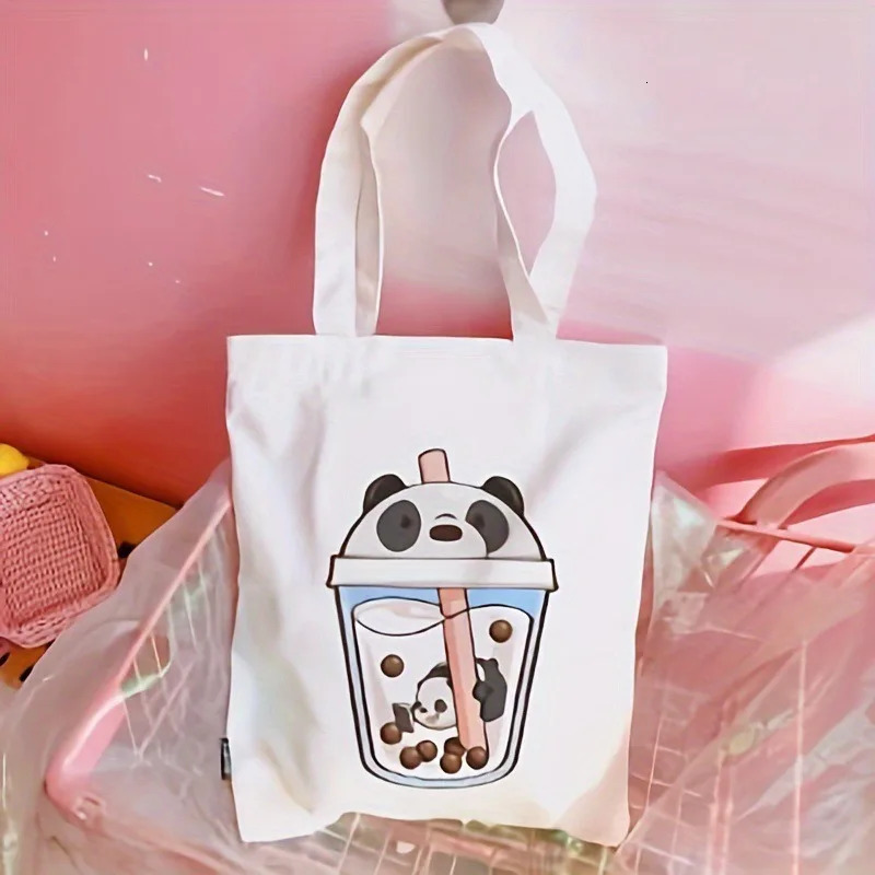 Womens Canvas Tote Shoulder Bag Panda Milk Tea Cartoon Cup Boba Pearls Cute Animal Adorable Sweet Daily Handbags Bags for Women 260307