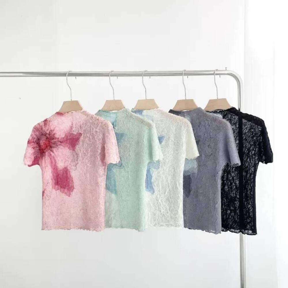 ZHE HAN Summer Miyake Pleated Round Neck T-Shirt Short-Sleeved Printed Top Simple Loose Large Size With Stretch Thin Breathable Clothing