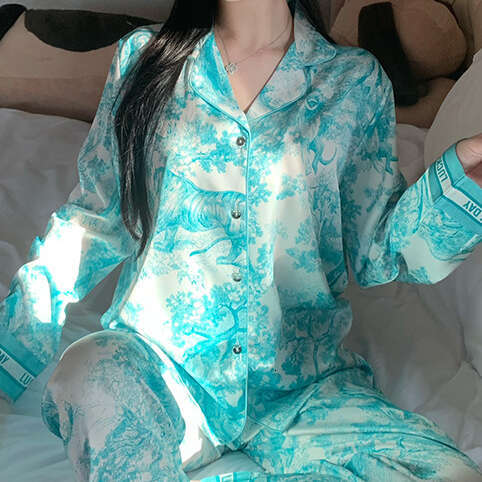 Lucky Day High-End Silk Pajamas For Women Summer Ice Silk Light Luxury Printed Ink Painting Design Long Sleeve Same Style As D Brand Luanyun