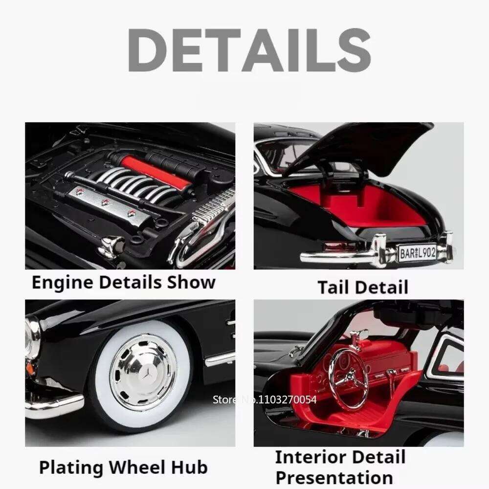 1:24 300SL W140 Alloy Model Toys Diecast Car with Sound Light Pull Back Doors Opened Miniature Models Classic Toy Gifts for Boys Z260306