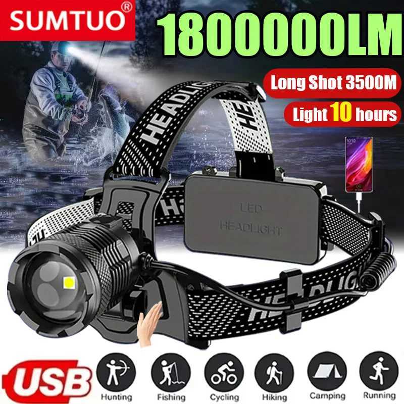 2024 Newest Powerful LED Headlamp 800W LED IR Sensor Rechargeable Headlight 3500M Super Bright Head Flashlight Fishing Lantern H260307