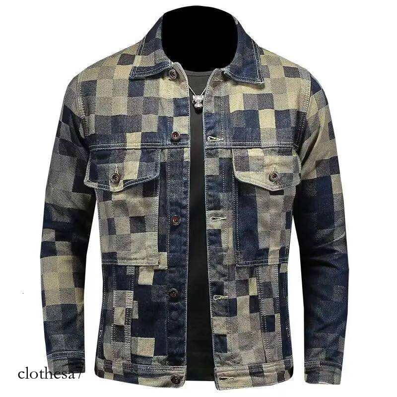 2025 New Printed Distressed Vintage Denim Jacket Men's Fashion plaid Lapel Coat Male Button Jeans Jackets