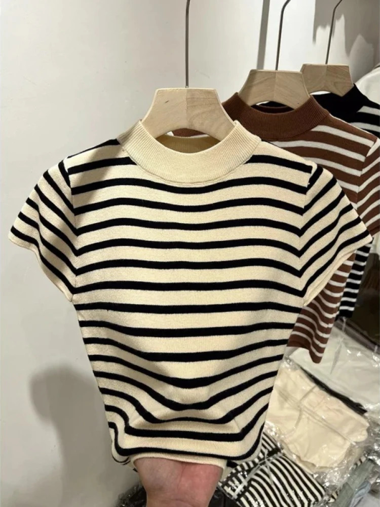 2026 Turtleneck Pullover Striped Sweater Slim Fit Top Shirt Womens Early Spring and Autumn Short Sleeve Bottoming 260306