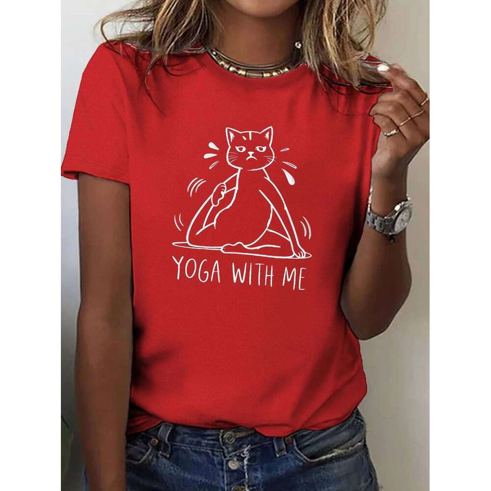 Yoga Me Cat Cute Funny Printed T-shirt with Round Neck for Summer Women's Short Sleeve Tops Fashion Clothing XJ260306 XJ260306