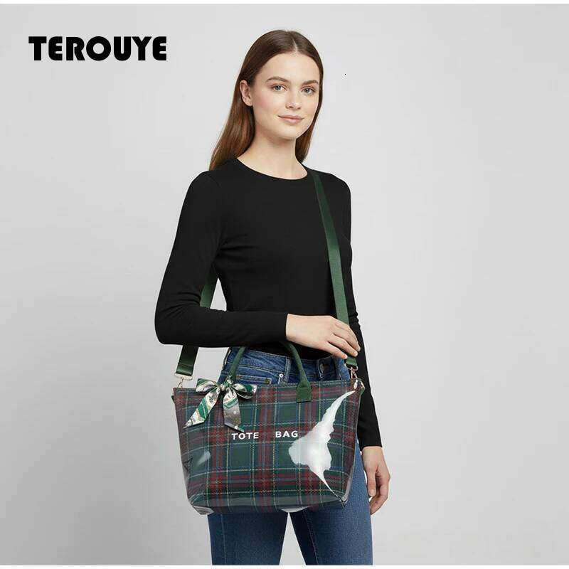 Transparent Plaid Pvc Women's Handbag Large Tote Waterproof Shopping Stylish British Style Simple Casual Commuter Bag TEROUYE