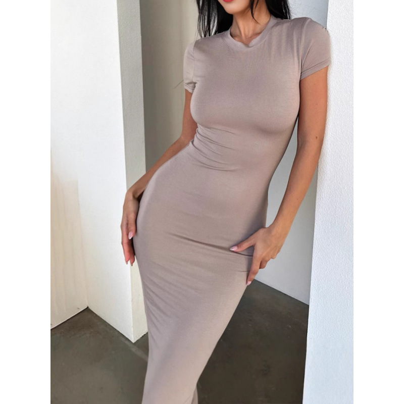 2026 New European American Womens Fashion Solid Color Short Sleeve Bodycon Dress Elegant Slim Fit Spring Summer Free Shipping