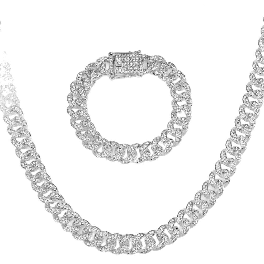 European and American Hip Hop 13MM High Quality Double Row Full Diamond Cuban Chain Bracelet Hiphop Men's Necklace