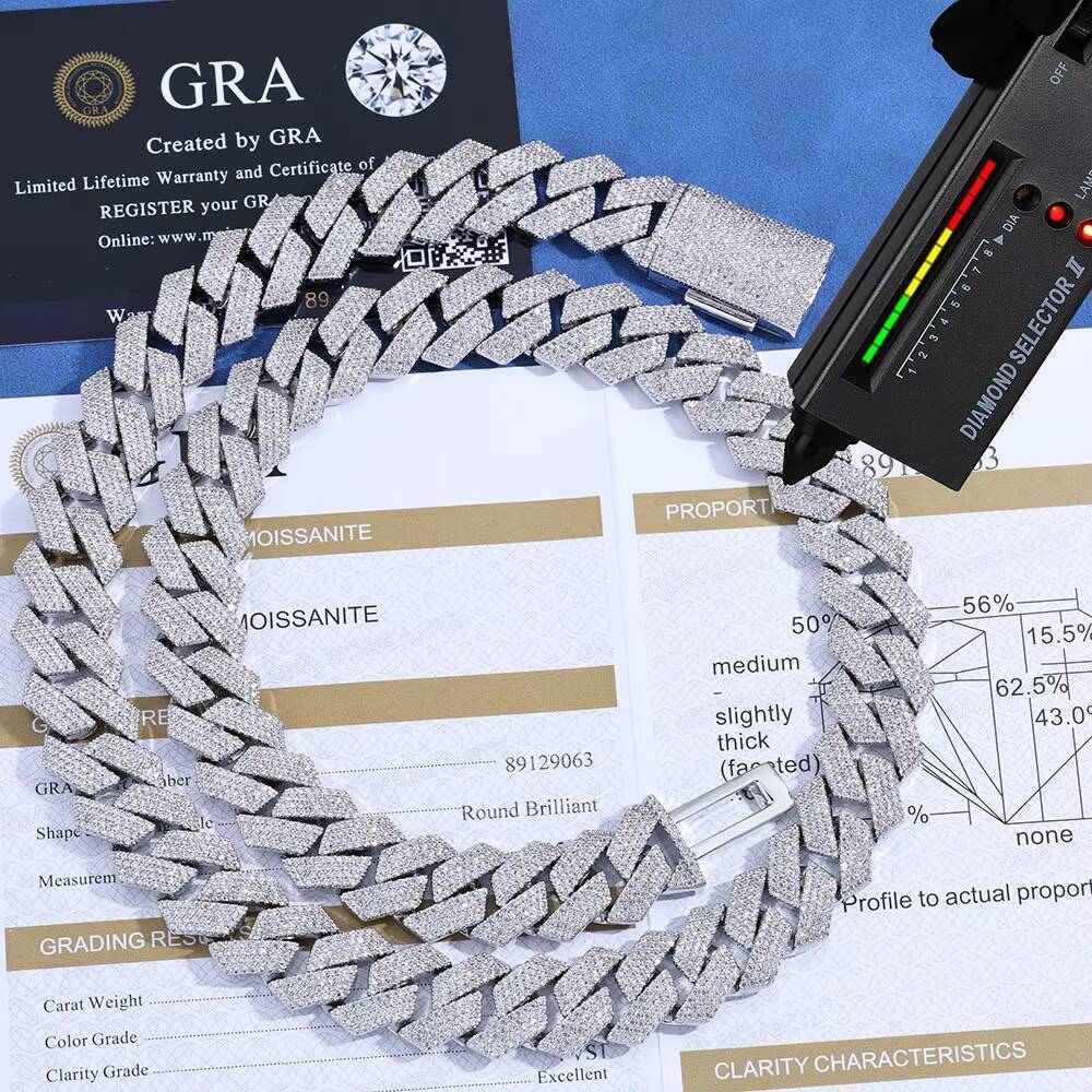Mens 25mm Iced Prong Cuban Link Chain Silver-Plated Brass 6 ROW Moissanite Diamond Hip Hop Style Necklace