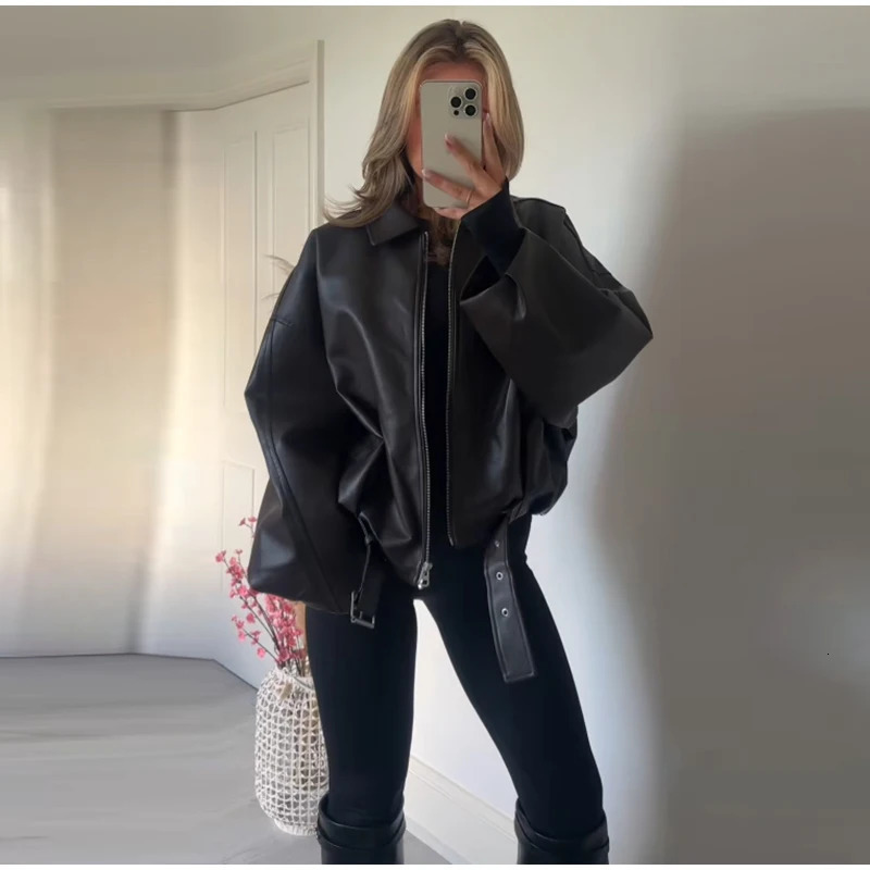 Vintage PU Leather Bomber Jackets Autumn Ladies Zipper Lapel Long Sleeve Pocket Coat With Belt Womens Loose Streetwear 260306