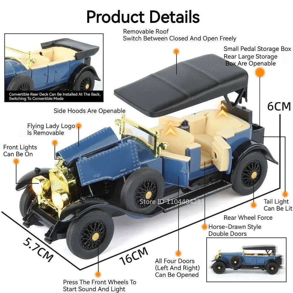 1:32 Rolls-Royce Silver Spur Phantom I Alloy Vintage Car Diecast Model Toys Sound Light Pull Back Doors Opened Home Decoration Z260306