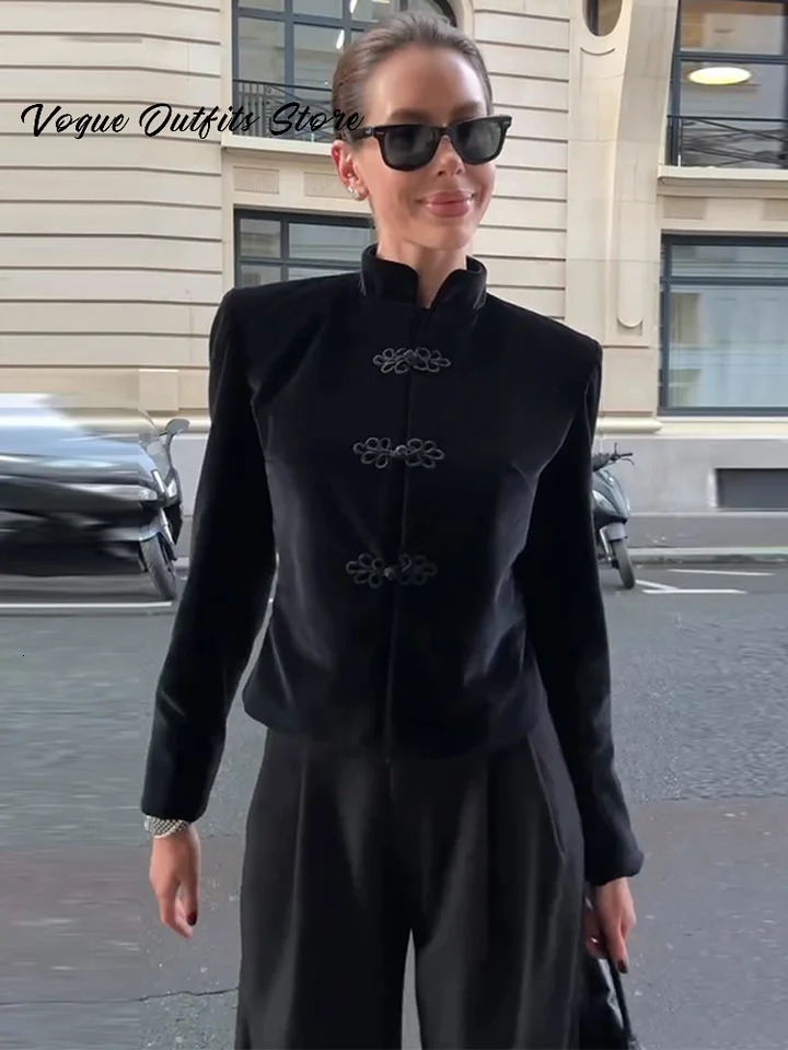 Vintage Velvet Waist Cinching Frog Button Jacket Women Slim Stand Collar Buckle Coat 2026 Spring Lady Chic Street Outerwear 260306