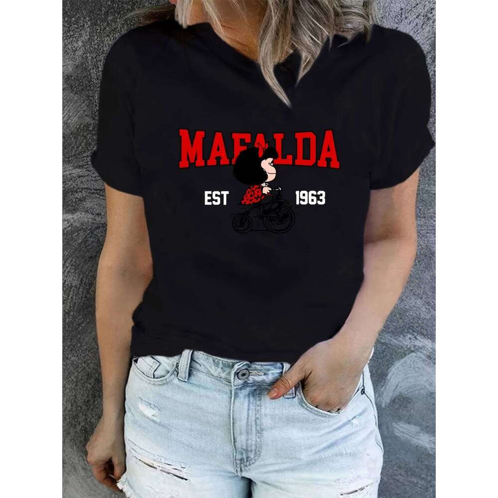 MAEALDA Women's Fashion Black T-Shirt - "Mafalda EST. 1956" Graphic Casual Slim Fit Short Sleeve Crew Neck Top Ideal for XJ260306 XJ260