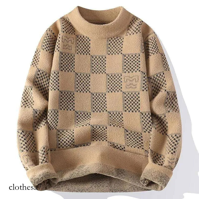 New Checkered Sweater American 2024 Trendy Men's Tops Classic Autumn Knitted Hoodie Fashionable Slimming Harajuku