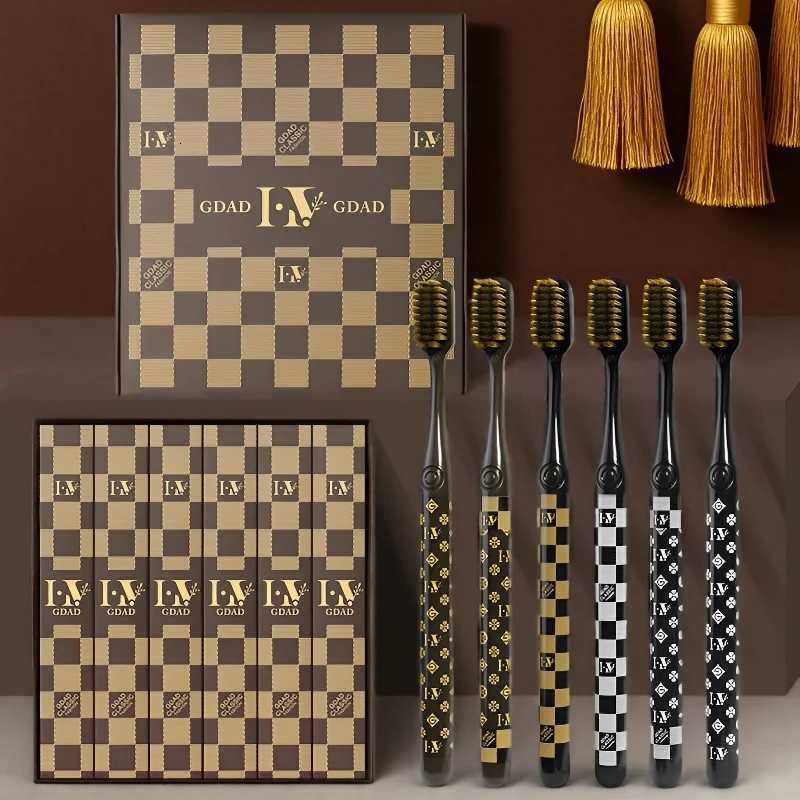 This 6-piece luxury checkered & monogram toothbrush set with soft bristles is perfect for stylish family home oral care.T260307
