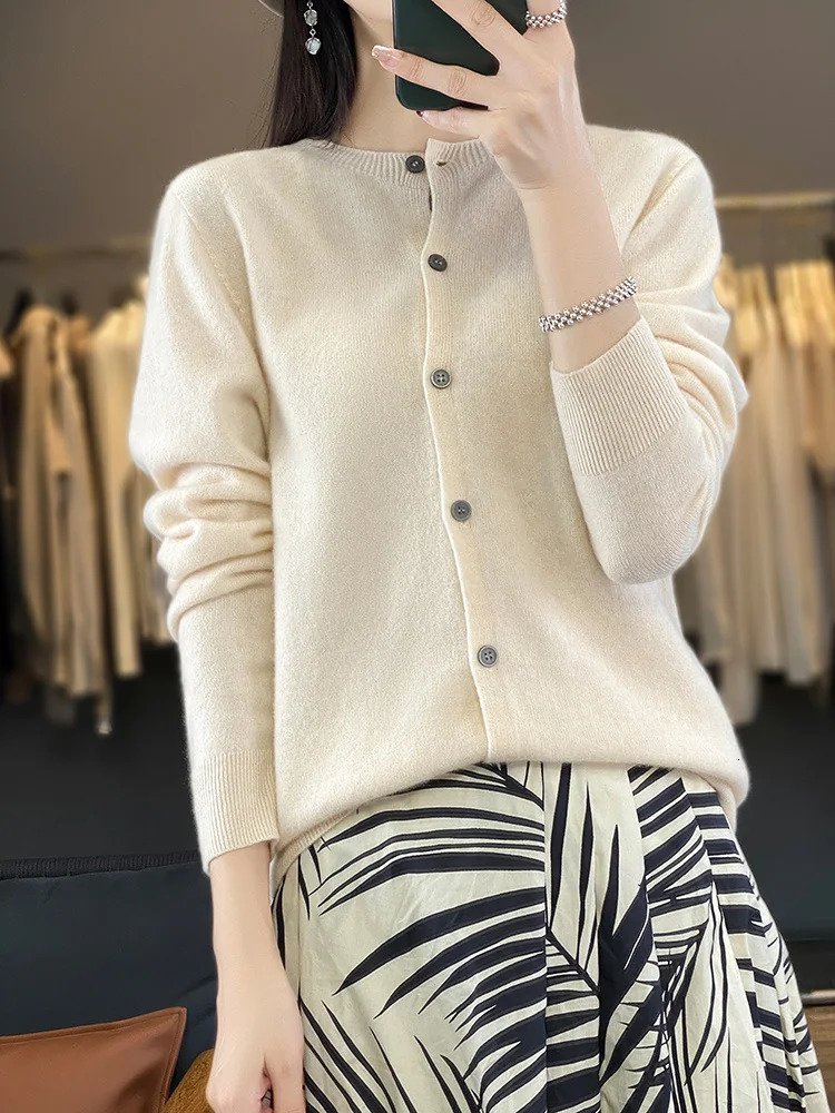 100 Merino Wool Sweater Women O-Neck Cardigan Basic Style Buttoned Knitwear Female Casual Autumn Winter Soft Tops 260305