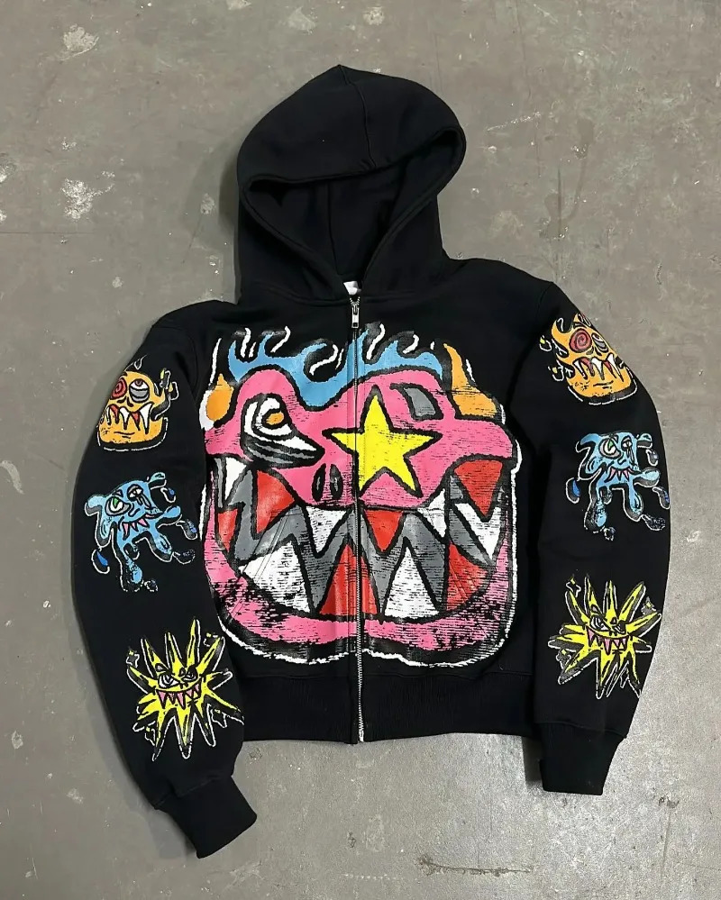 American Gothic trendy letter pattern printed oversized hoodie mens Y2K fashion Harajuku all-match loose zipper sweatshirt 260304