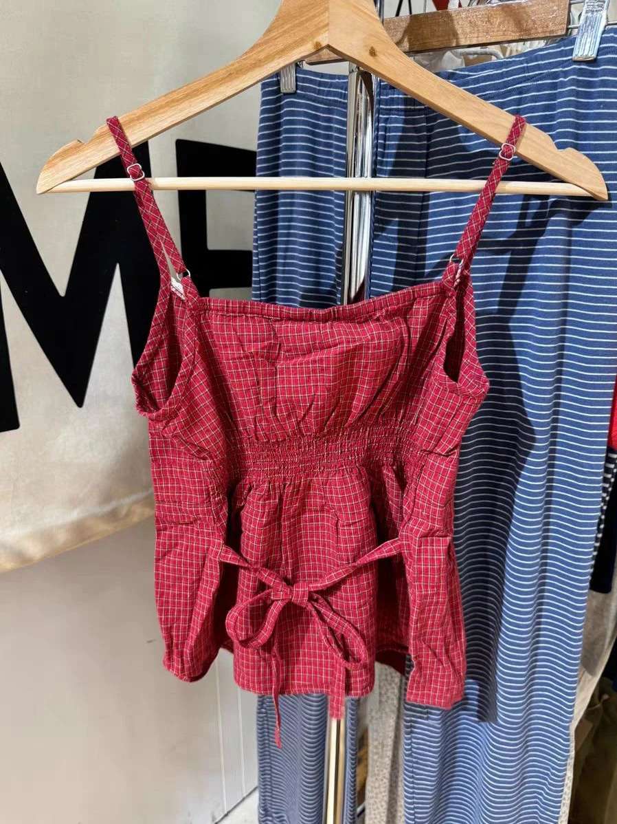 Red Plaid Slim Tank Top Woman Lace Trim Buttons V-neck Back Lace-up Cotton Camis Summer Vintage Streetwear Sweet Crop Tops 260306