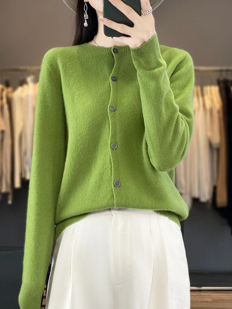 100 Merino Wool Sweater Women O-Neck Cardigan Basic Style Buttoned Knitwear Female Casual Autumn Winter Soft Tops 260305