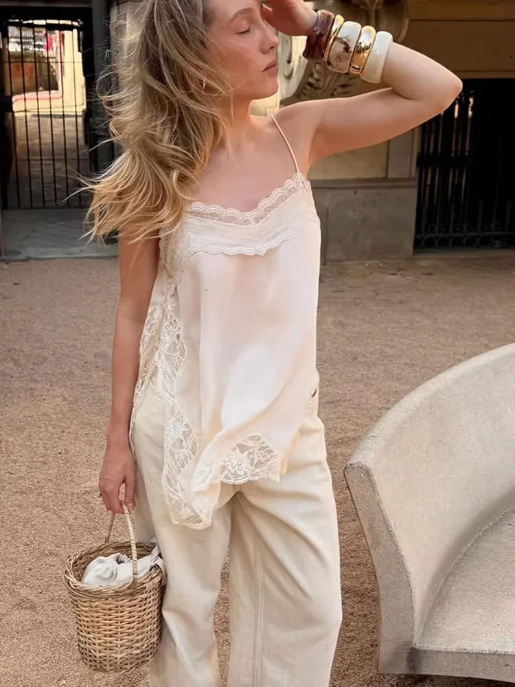 HH Female Summer Fashion V-neck Lace Spliced Split Sling Top Women Chic Sexy Backless Party Style Casual Camisole Top 260306