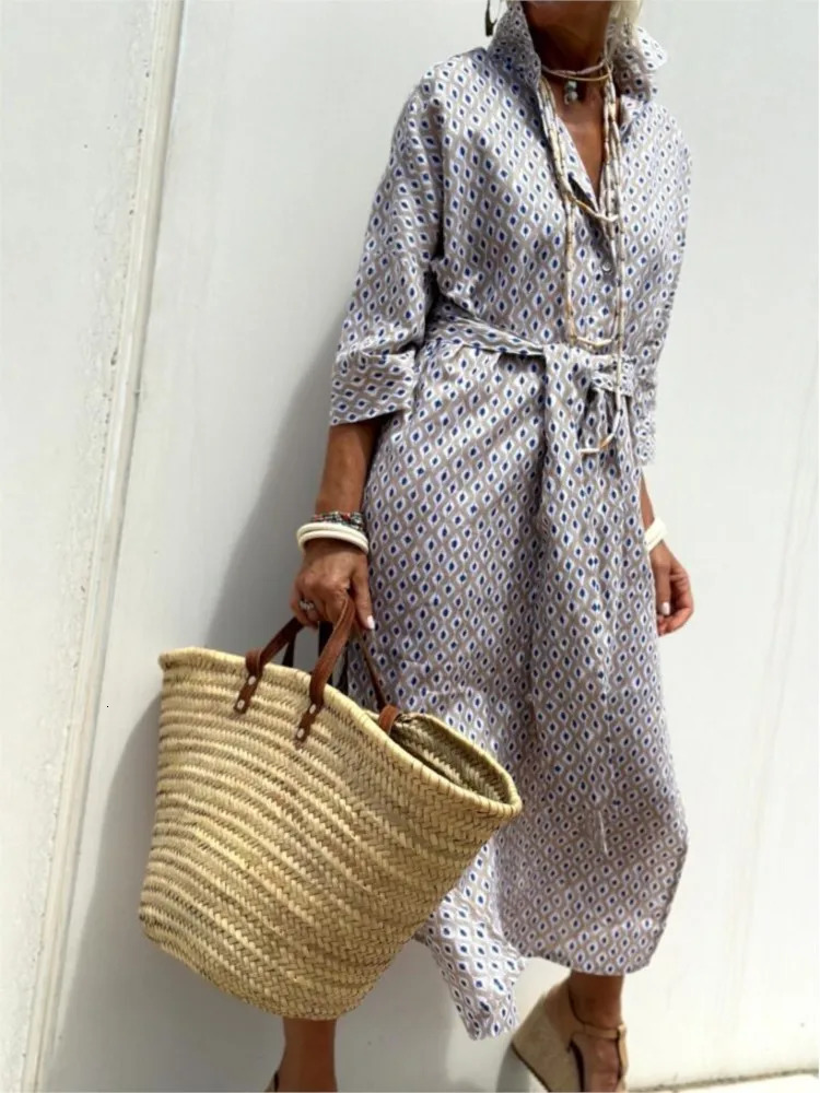 Autumn Long Sleeve Shirt Dress Elegant Belt Long Dress For Women Fashion Print Button Lapel Neck Casual Dresses Robe Femme 260306