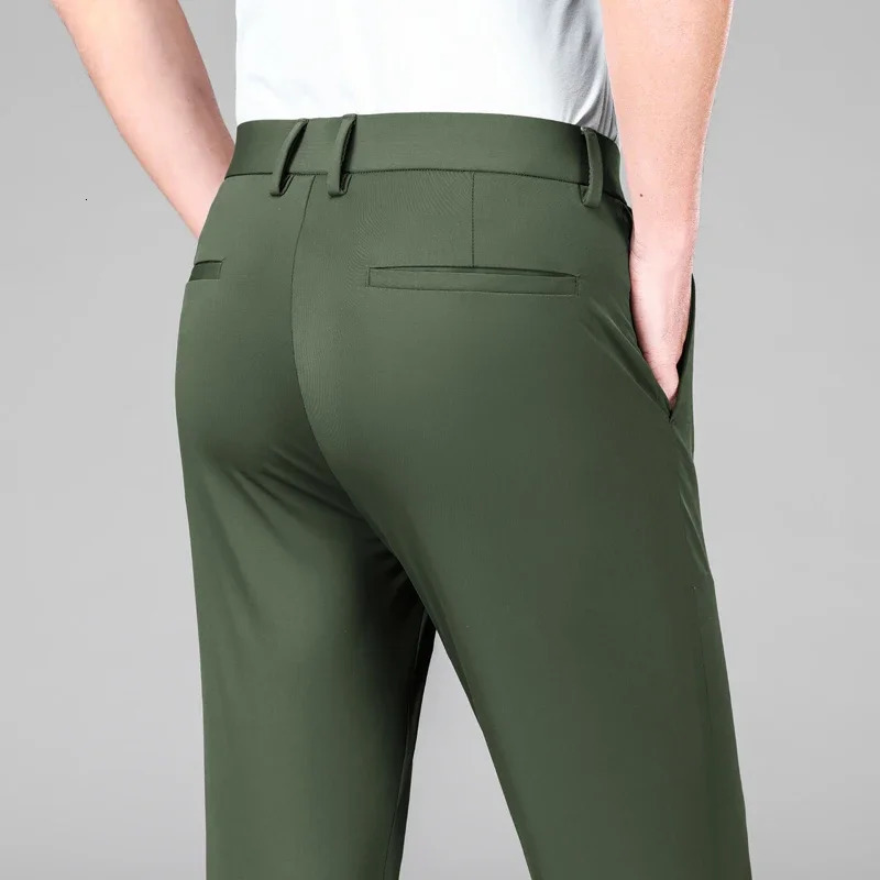 Summer Mens Ice Silk High Stretch Business Suit Pants Male Army Green Blue Elastic Formal Office Straight Formal Trousers 260306