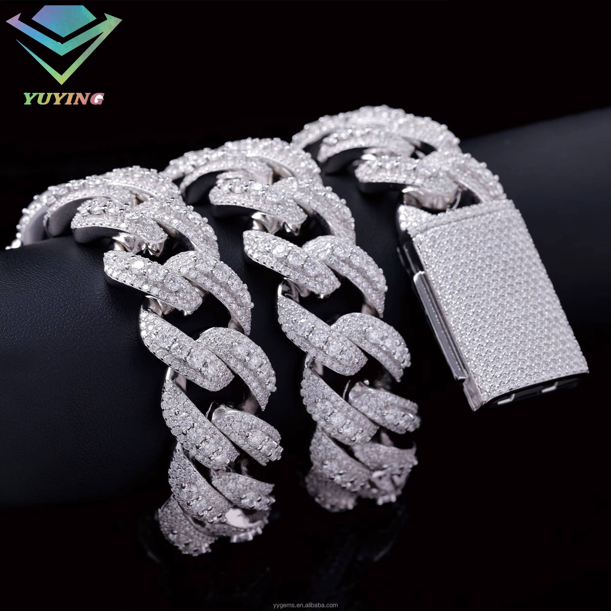 Wholesale Price 20mm 22mm S925 Cuban Link Chain White Gold 3Rows Shape Hip Hop Jewelry Iced Out Moissanite Cuban Chain Necklace