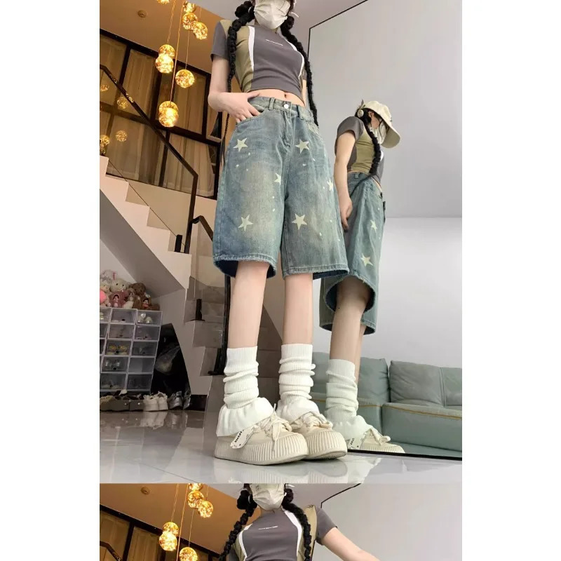 Casual Floral Print Loose Wide Leg Womens Jeans American Retro Star Straight Leg Comfort Stretch Soft Denim Shorts 260306