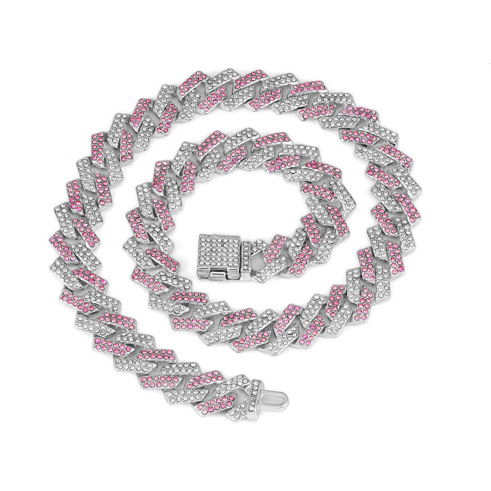 European and American Cross-Border Hot-Selling 15mm Diamond-Shaped Small Flip Cuban Chain High-Quality Pink Blue Hip-Hop Necklace Wholesale