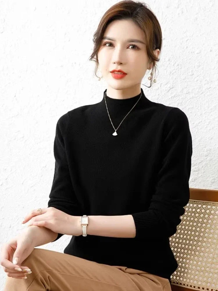 Korean Sweaters Autumn Winter Women Sweater Vintage Basic Solid Knitted Tops Casual Slim Mock Neck Pullover Simple Chic Jumpers 260306