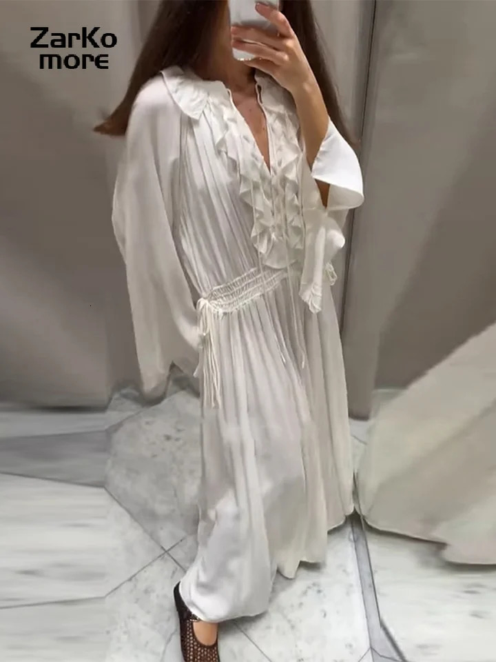 Boho White Long Dress Women Ruffle V-neck Full Flare Sleeves Loose Dresses Female Spring Summer Lady Beach Vacation Robes 260306
