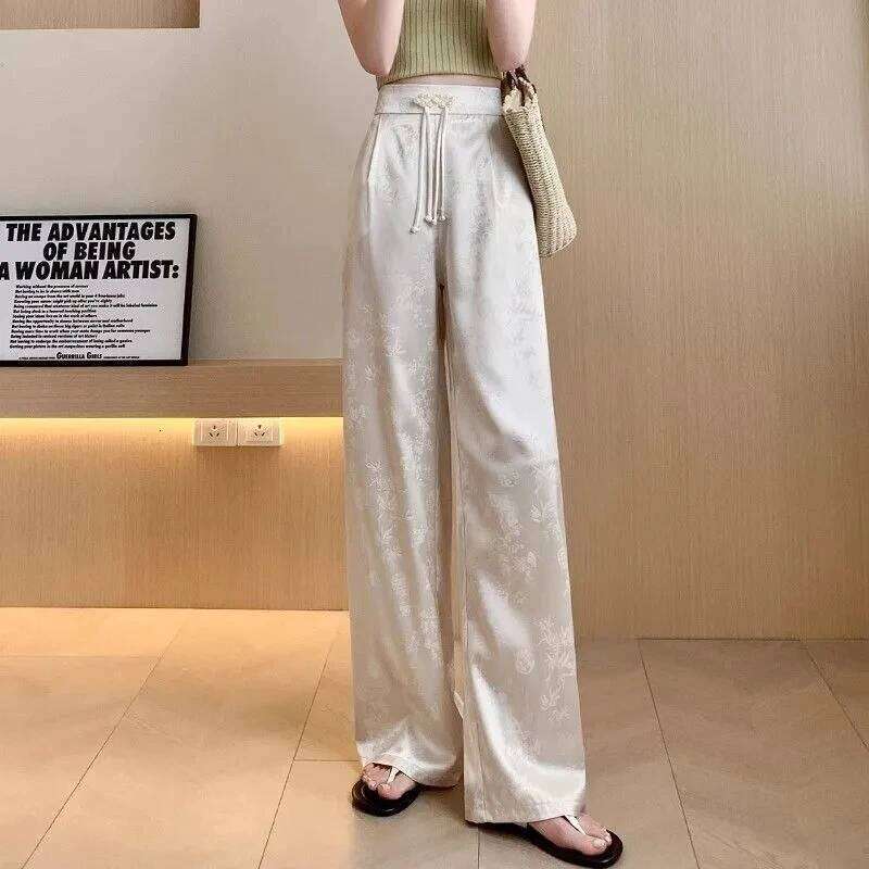 Mardi Hefxessdr New National Trend Button Embroidered Satin Wide Leg Pants Women's Casual High Waist Slimming Drapey Long Trousers style pants wo