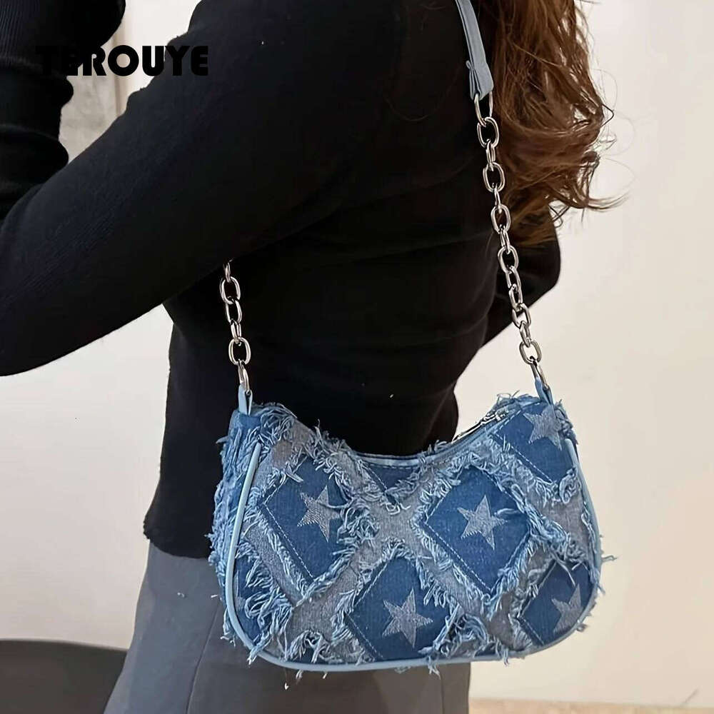 Women's Tote With Star Pattern Blue Distressed Golden-Tone Hardware Stylish Handbag Shoulder Bag For Everyday Use TEROUYE