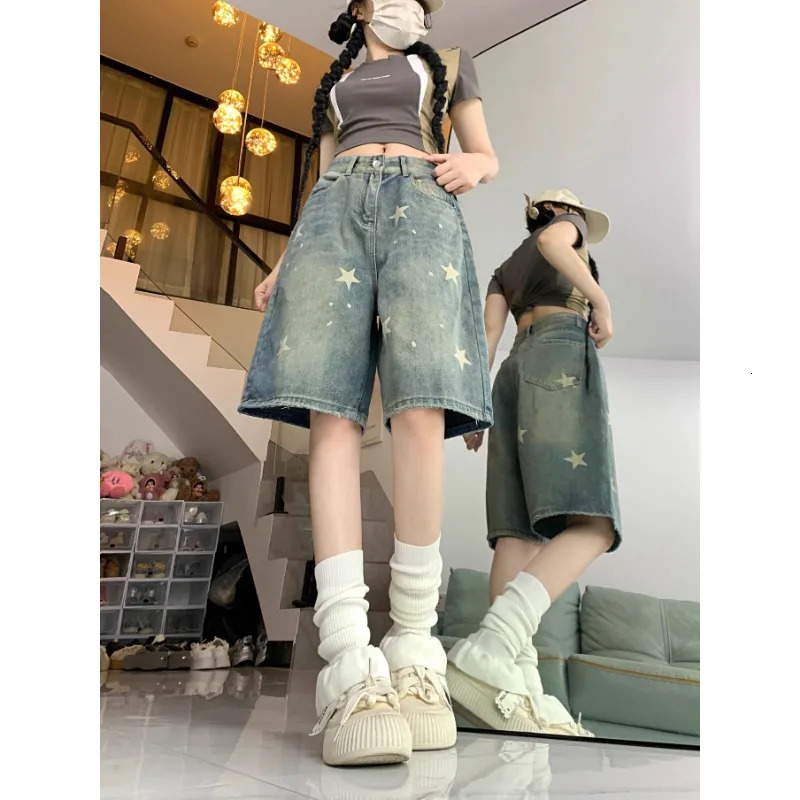 Casual Floral Print Loose Wide Leg Womens Jeans American Retro Star Straight Leg Comfort Stretch Soft Denim Shorts 260306