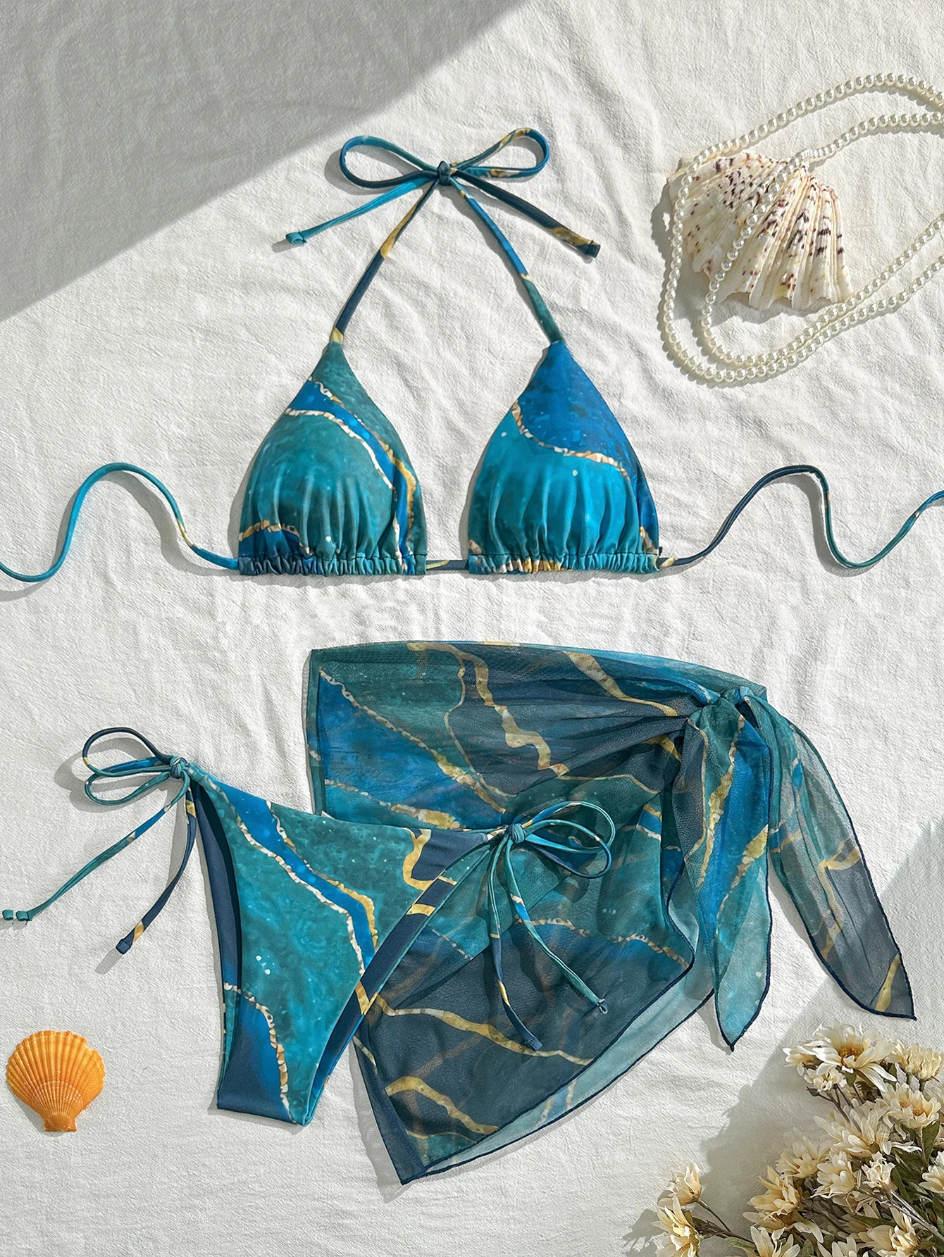 Womens ThreePiece Swimsuit Set Blue Marble Print Sexy Bikini with TieUp Triangle Top Bottoms Mesh Skirt Wrap Beach Swimwear 260306