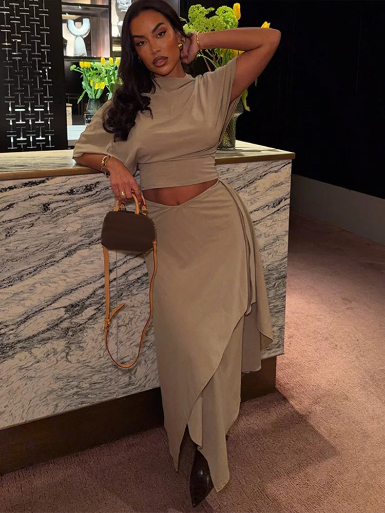Solid Loose Casual Top Midi Skirt Set High Neck Batwing Sleeve Tops Asymmetrical Bottoms 2026 Spring Cozy Elegant Women Suit 260306
